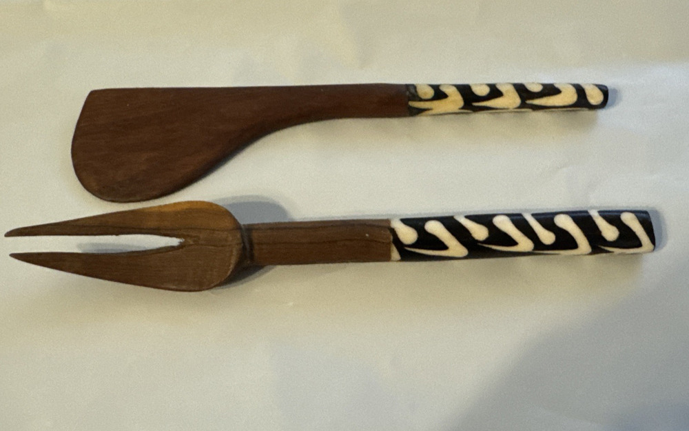 Hand Carved Wood Serving Spoon Fork Set Batik Bone Inlay Charcuterie Utensil